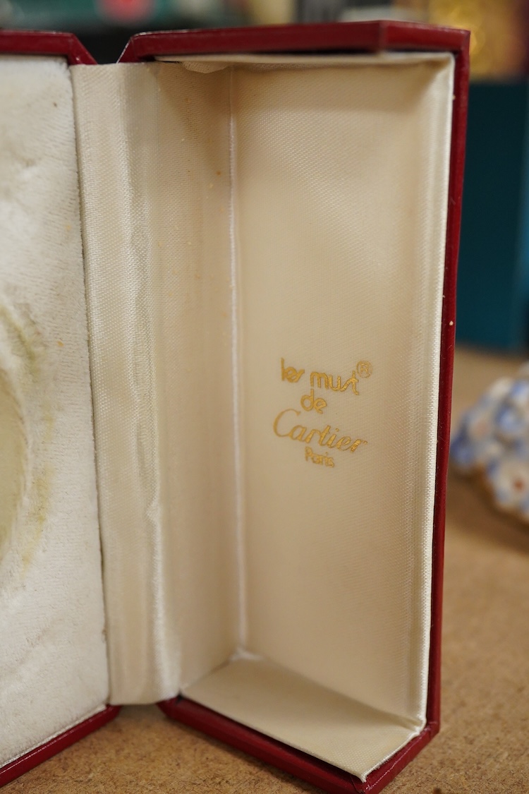 A Must de Cartier blue-enamelled travelling timepiece, in original case, 9.5cm high